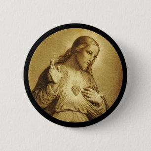 Golden Sacred Heart with Cross 6 Cm Round Badge