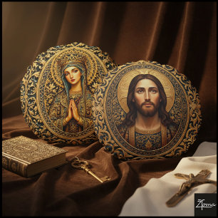 Golden Sacred Icon - Jesus Round Cushion