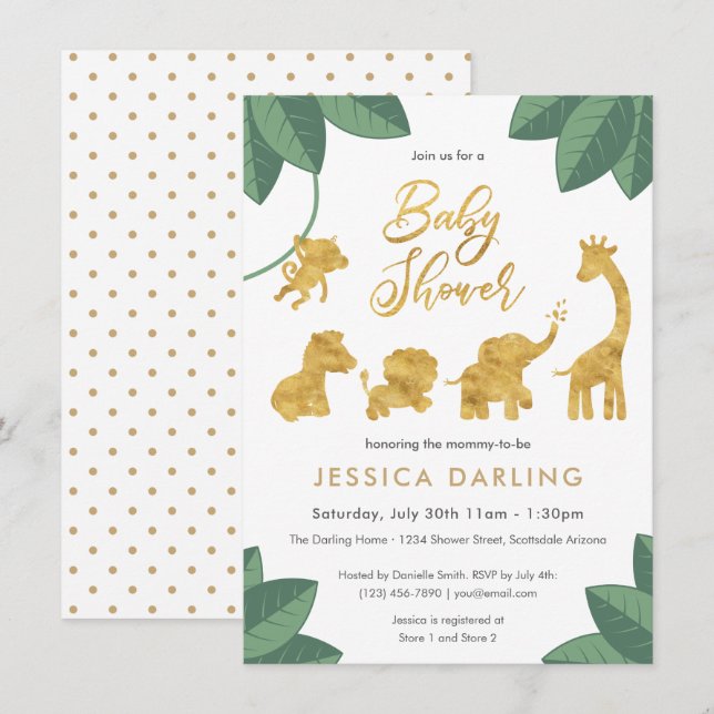 Golden safari animal gender neutral baby shower invitation (Front/Back)
