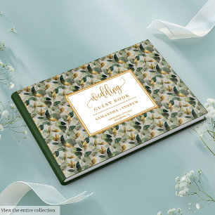 Golden sage green eucalyptus wedding guest book 