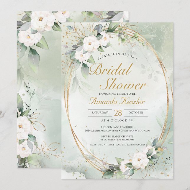 Golden Sage White Floral  Elegant Bridal Shower Invitation (Front/Back)