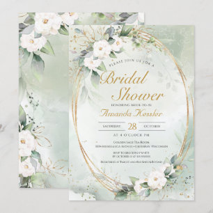 Golden Sage White Floral  Elegant Bridal Shower Invitation