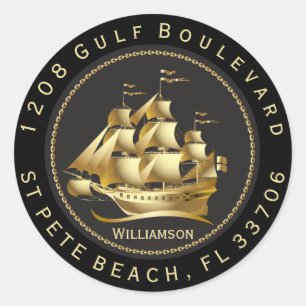 Golden Sailing Ship on Black Return Address Classic Round Sticker