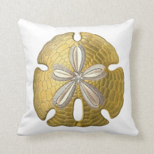 Golden Sand Dollar on White Throw Pillow. Cushion