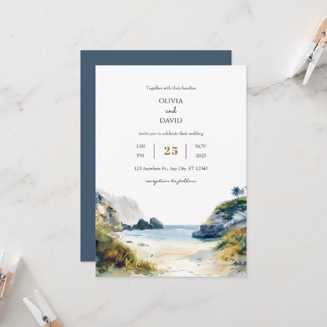 Golden Sand Tropical Palms Beach Cove Art Wedding  Invitation (Front/Back In Situ)