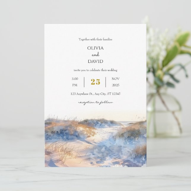 Golden Sandy Coastal Dunes Sunrise Beach Wedding Invitation (Standing Front)