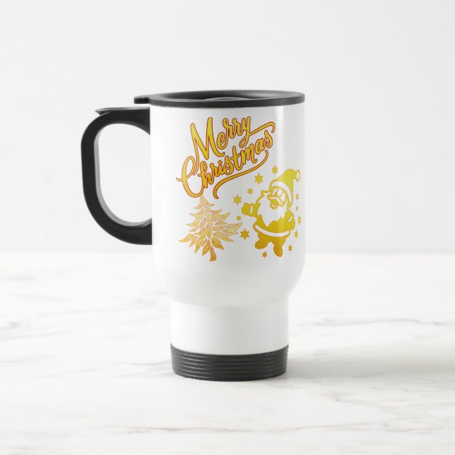 Golden Santa & Tree Christmas Design Travel Mug (Left)