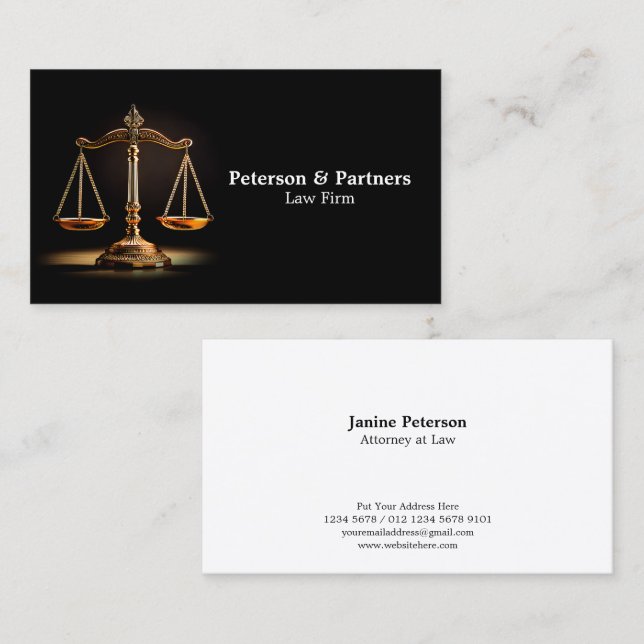 Golden Scale of Justice on Black Business Card (Front/Back)