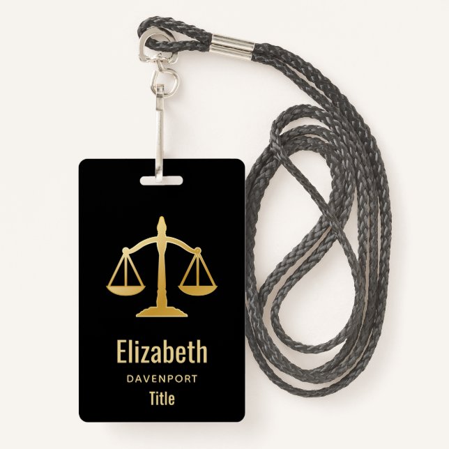 Golden Scales of Justice Law Theme Design ID Badge (Front with Lanyard)