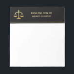 Golden Scales of Justice Law Theme Design Notepad<br><div class="desc">A notepad with an image of golden scales on a black background. Simple and elegant.</div>