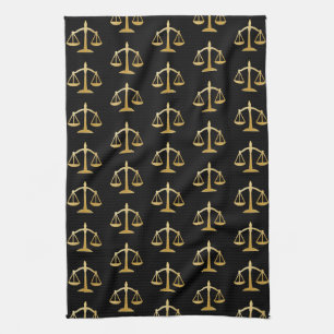 Golden Scales of Justice Law Theme Pattern Tea Towel