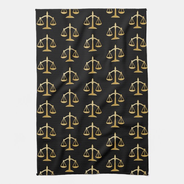 Golden Scales of Justice Law Theme Pattern Tea Towel (Vertical)
