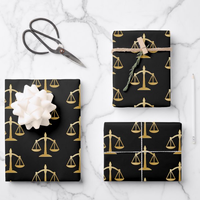 Golden Scales of Justice Law Theme Pattern Wrapping Paper Sheet (Front)