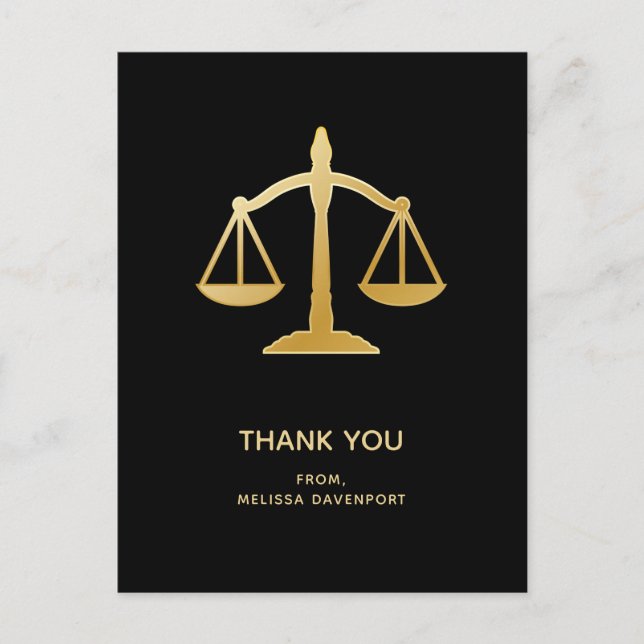 Golden Scales of Justice Law Theme Thank You Postcard (Front)