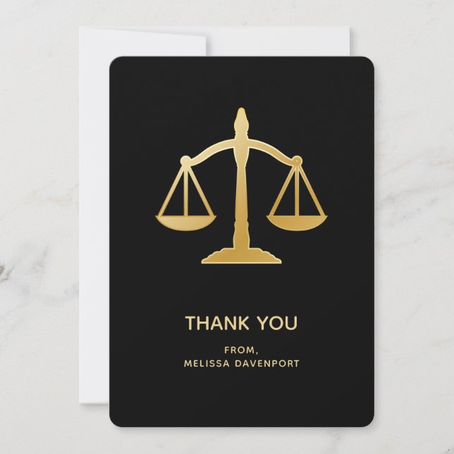 Golden Scales of Justice Law Themed Design Thank You Card (Front)