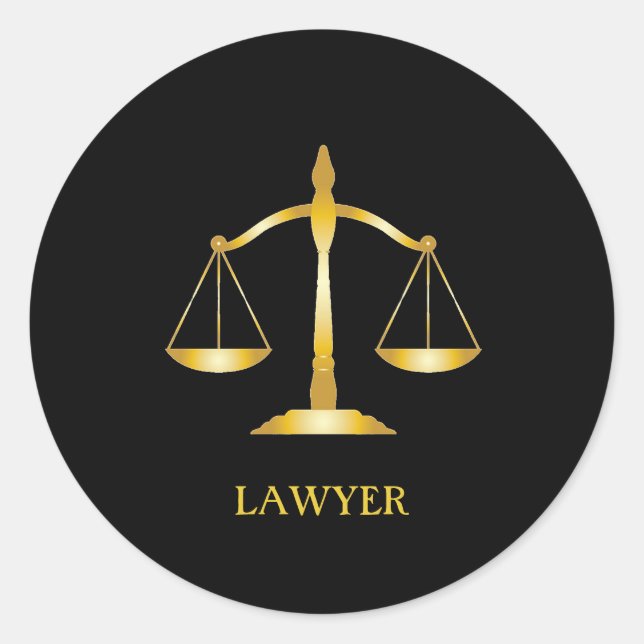 Golden Scales of Justice Lawyer on Black Classic R Round Sticker (Front)