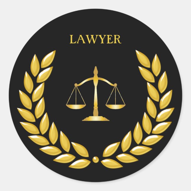 Golden Scales of Justice Lawyer on Black Classic Round Sticker (Front)
