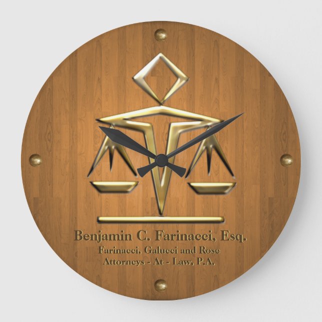 Golden Scales of Justice on Teak (Personalised) Large Clock (Front)