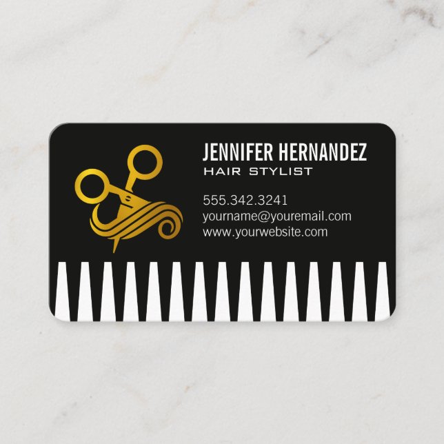 Golden Scissors and Comb | Hair Stylist Business Card (Front)