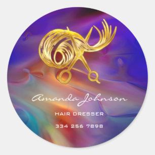 Golden Scissors Logo Hair Dresser Stylist Blue  Classic Round Sticker