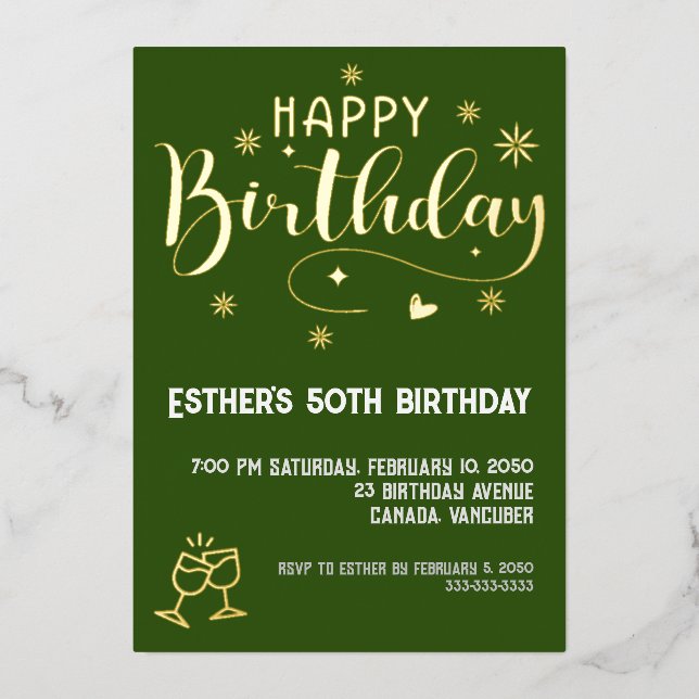 Golden Script Birthday Party Foil Invitation (Front)