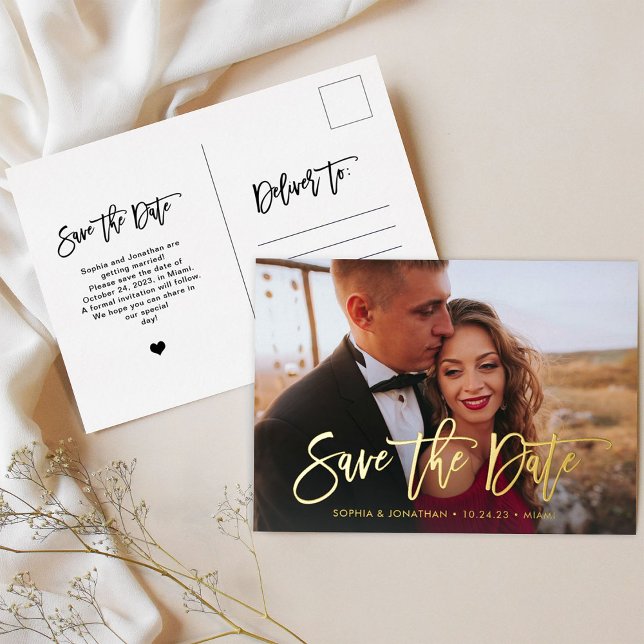 Golden Script | Elegant Modern Photo Save the Date Foil Invitation Postcard (Creator Uploaded)