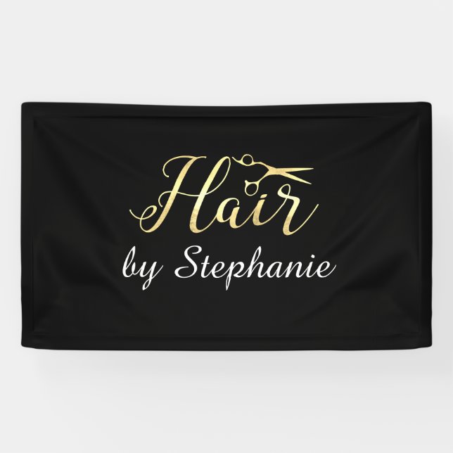 Golden Script Scissors Hairstylist Hair Salon Banner (Horizontal)
