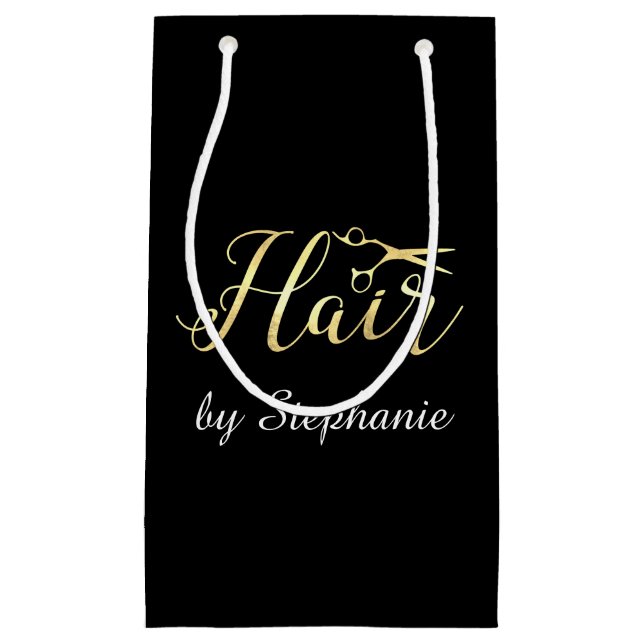Golden Script Scissors Hairstylist Hair Salon Small Gift Bag (Front)