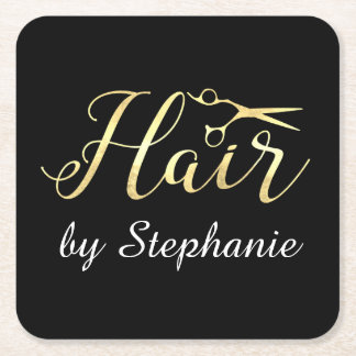 Golden Script Scissors Hairstylist Hair Salon Square Paper Coaster