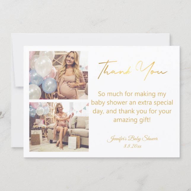 golden script thank you baby shower 2 photos  card (Front)