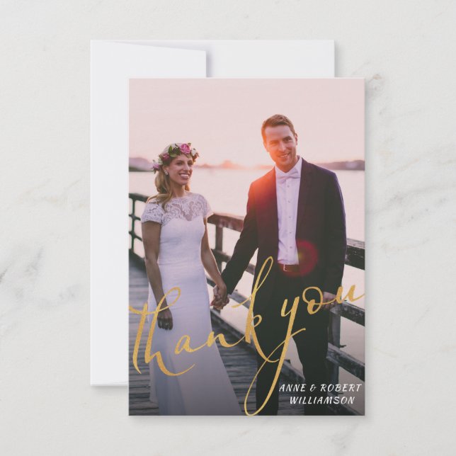 golden script wedding thank you photo card (Front)