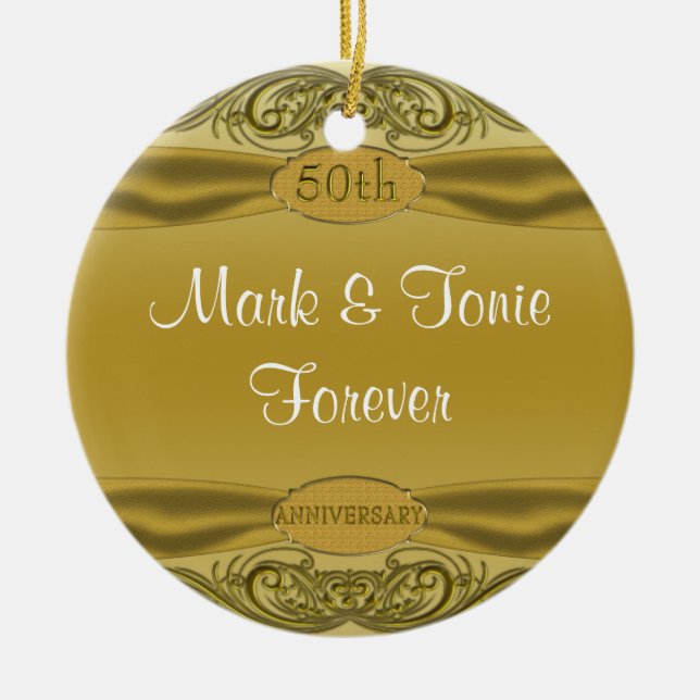 Golden Scrolls 50th Wedding Anniversary Ceramic Tree Decoration (Front)