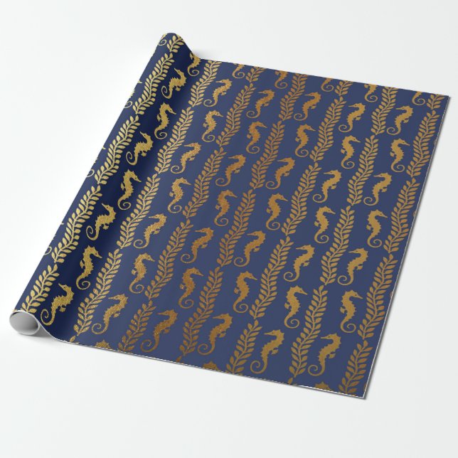 Golden Seahorse Ocean Algae Blue Navy Vip Yacht Wrapping Paper (Unrolled)