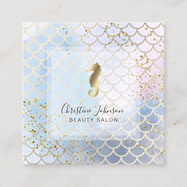 golden seahorse on fish scale pattern square business card (Front)