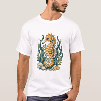 Golden Seahorse with Seagrass and Seashells T-Shirt