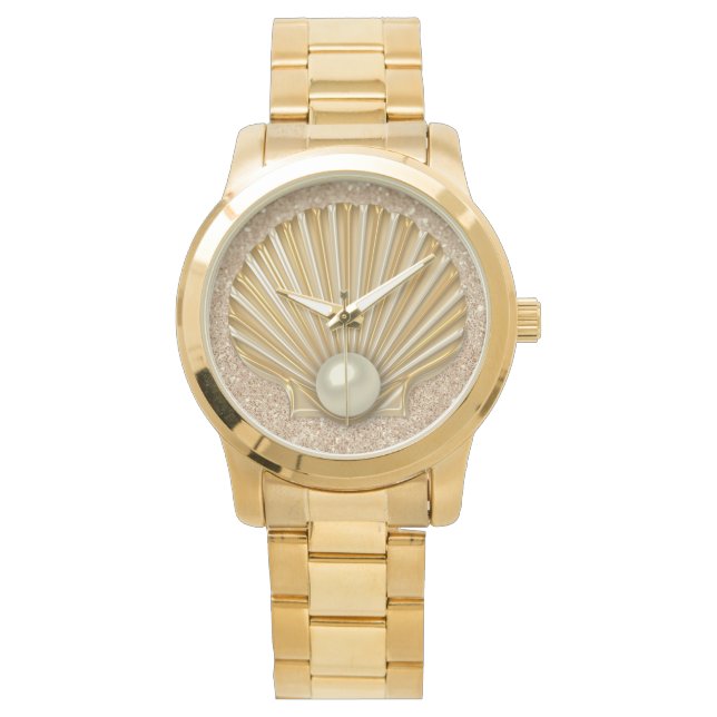 Golden Seashell & Pearl Gold Faux Glitter Watch (Front)