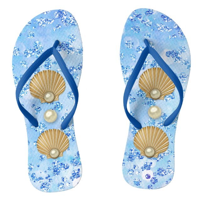 Golden Seashells & Pearls Blue Bokeh Bling Flip Flops (Footbed)