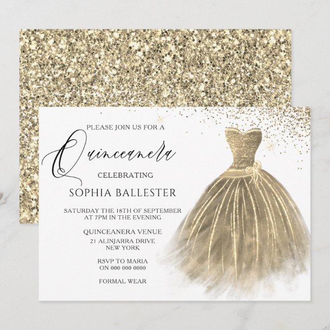 Golden Sepia Gold Glitter Gown Dress Quinceanera Invitation (Front/Back)
