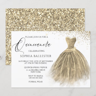 Golden Sepia Gold Glitter Gown Dress Quinceanera Invitation
