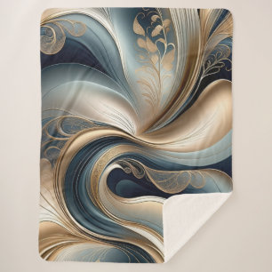 Golden Serenade - Teal & Gold Abstract Floral  Sherpa Blanket