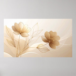 Golden Serenity: Minimalist Floral Line Art in Cha Poster