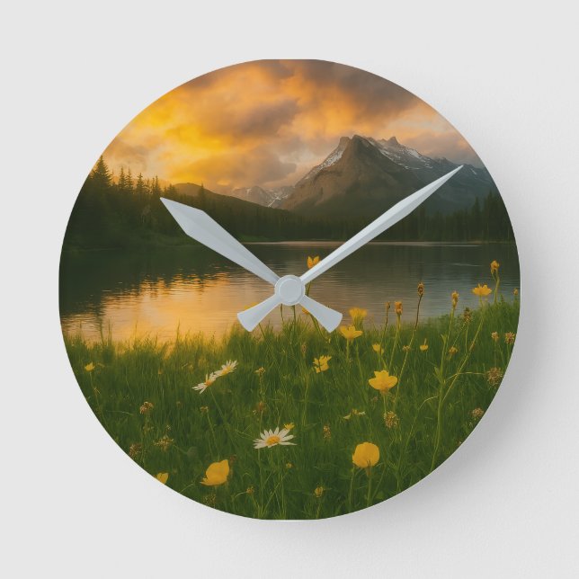 Golden Serenity: Mountain Lake  Round Clock (Front)