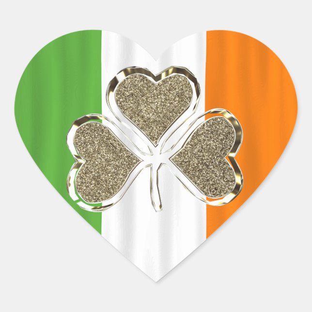 Golden Shamrock Clover Irish Flag Ireland Chic Heart Sticker (Front)