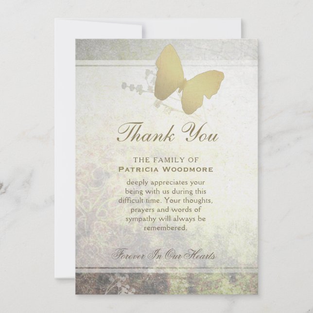Golden Shimmer Butterfly Thank You Sympathy Card (Front)