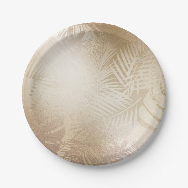 Golden Shine Botanical Tropical Palm Tree Leaves Paper Plate (Front)