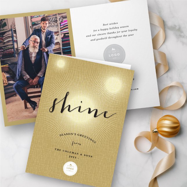 Golden Shine Bright Your Own Logo Modern Business  Holiday Card (Creator Uploaded)