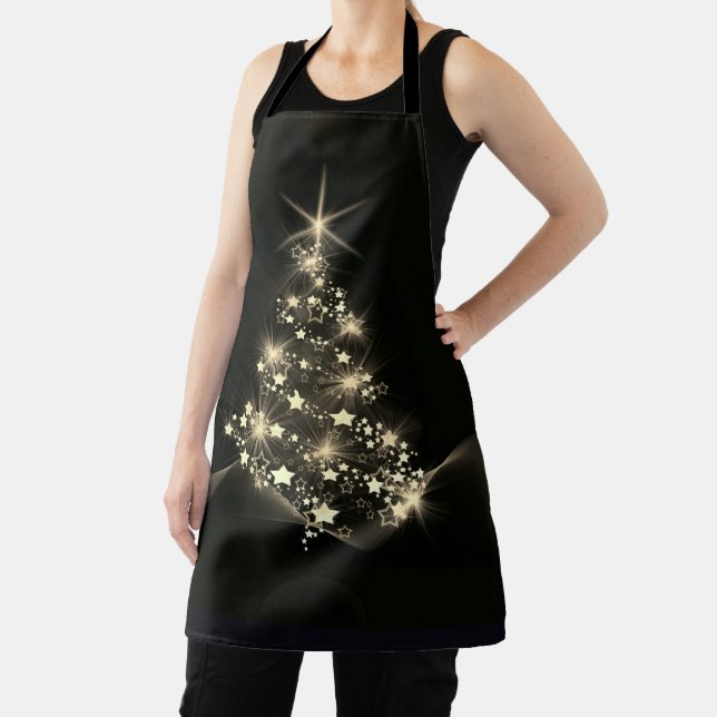 Golden Shine of Stars on Christmas Tree Dark  Apron (Insitu)