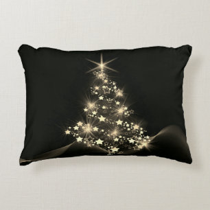 Golden Shine of Stars on Christmas Tree Dark Decorative Cushion