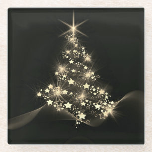 Golden Shine of Stars on Christmas Tree Dark Glass Coaster