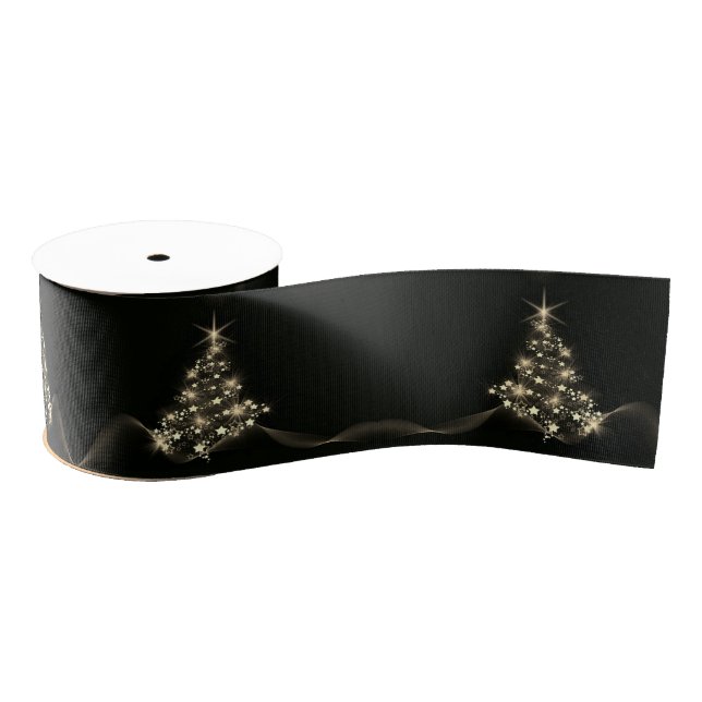 Golden Shine of Stars on Christmas Tree Dark  Grosgrain Ribbon (Spool)